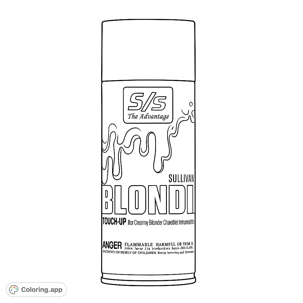 Color a unique spray can featuring a distinctive dripping liquid design and detailed text. Perfect for product design enthusiasts.
