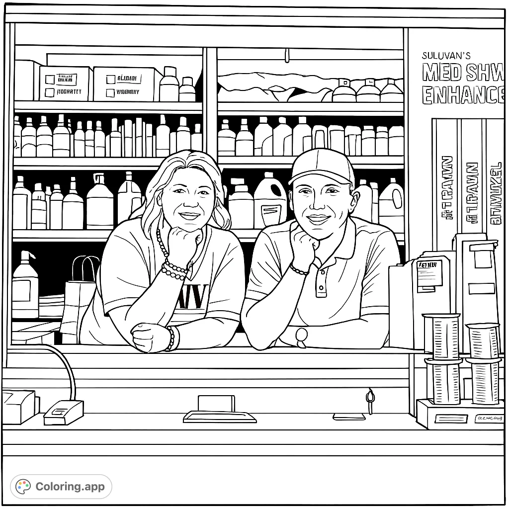 A friendly duo smiles from behind a busy counter, surrounded by shelves of products. A welcoming scene for a detailed coloring experience.