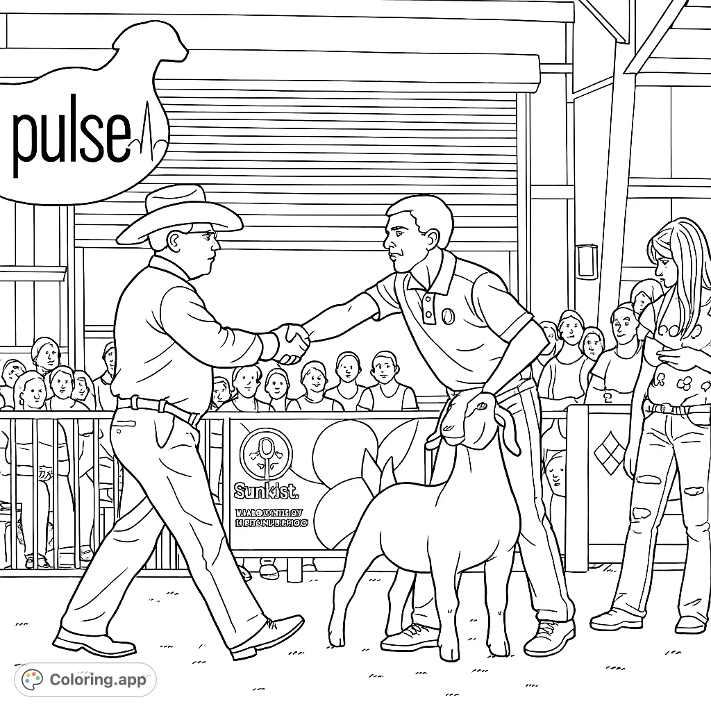 Celebrate a livestock show moment! A cowboy and a young handler shake hands with a goat by their side, capturing a scene of achievement and camaraderie.