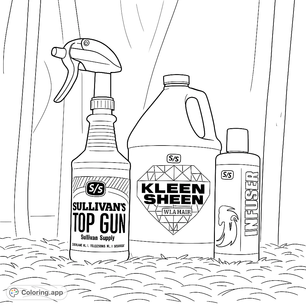 A detailed coloring page featuring three distinct grooming product bottles on a textured ground, perfect for those interested in animal care and farm life.