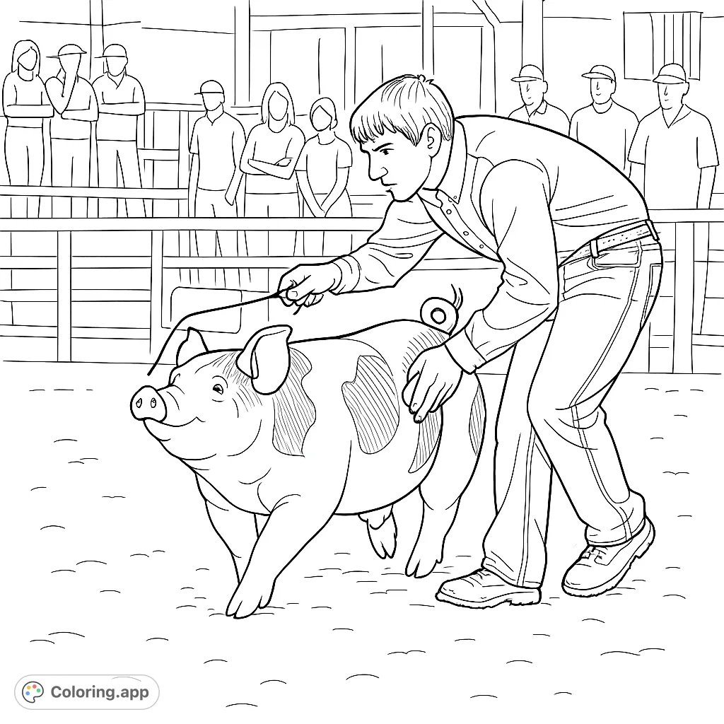 A young man grooms and guides a patterned pig at a livestock show, with spectators in the background. A detailed farm animal coloring page.