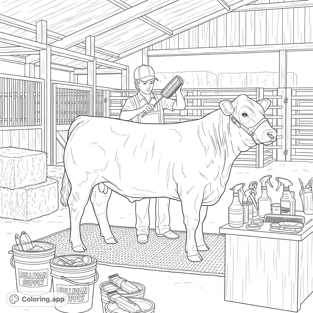 Immerse yourself in the world of livestock showing with this detailed Sullivan Supply coloring page. A young showman grooms a steer in a barn setting.