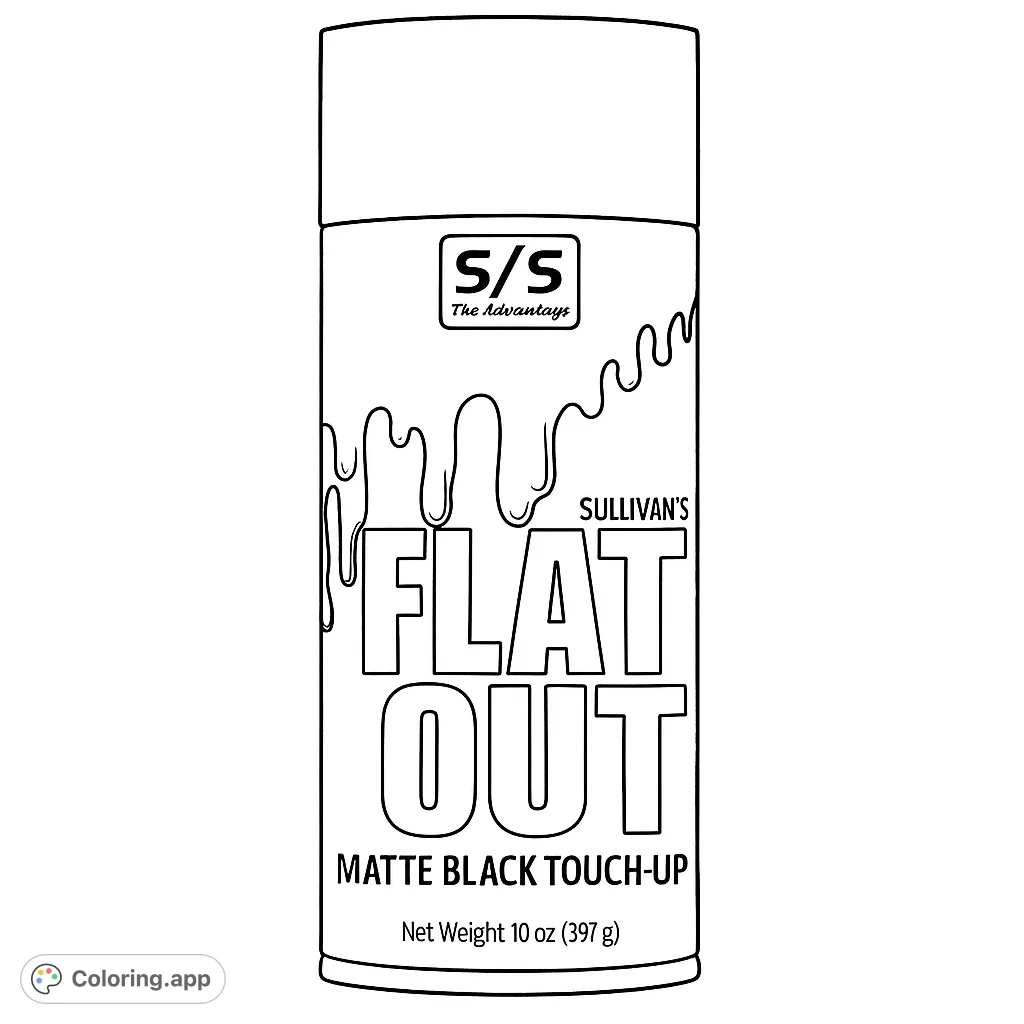 A detailed coloring page featuring a spray paint can with a unique dripping label design and various text elements.