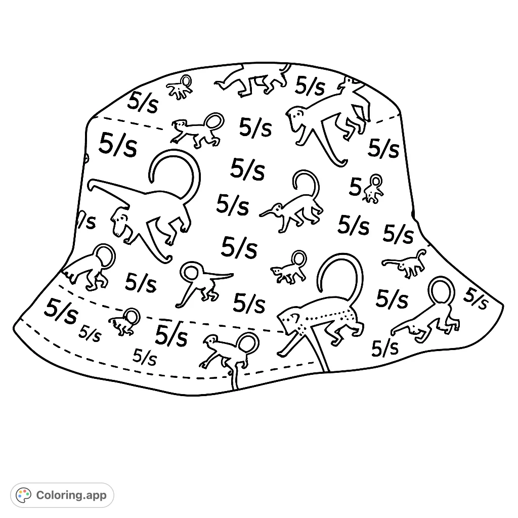 A fun monkey pattern bucket hat coloring page, featuring playful primates in various poses and "S/S" text. Perfect for kids and animal lovers.