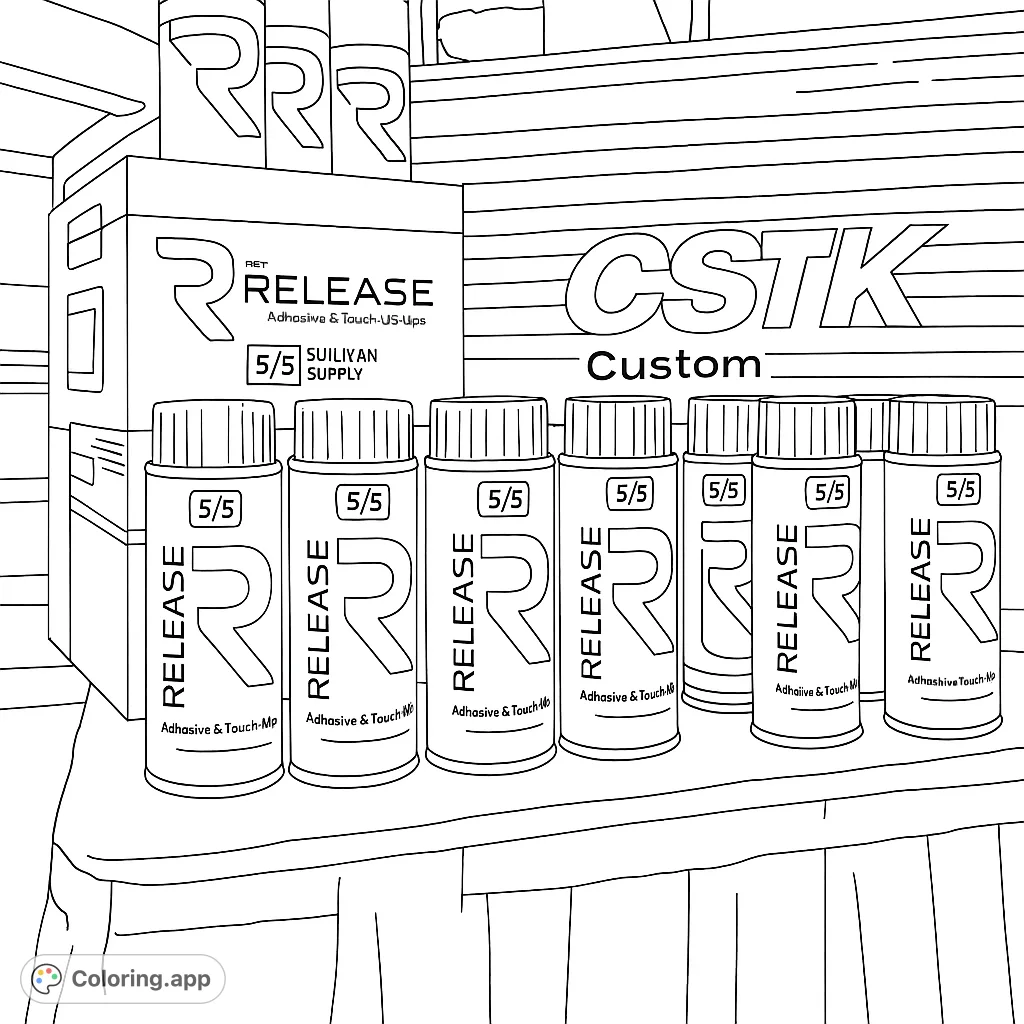 A detailed coloring page featuring a display of numerous product cans with prominent 'R' logos and text, set against a blurred background with a large sign.