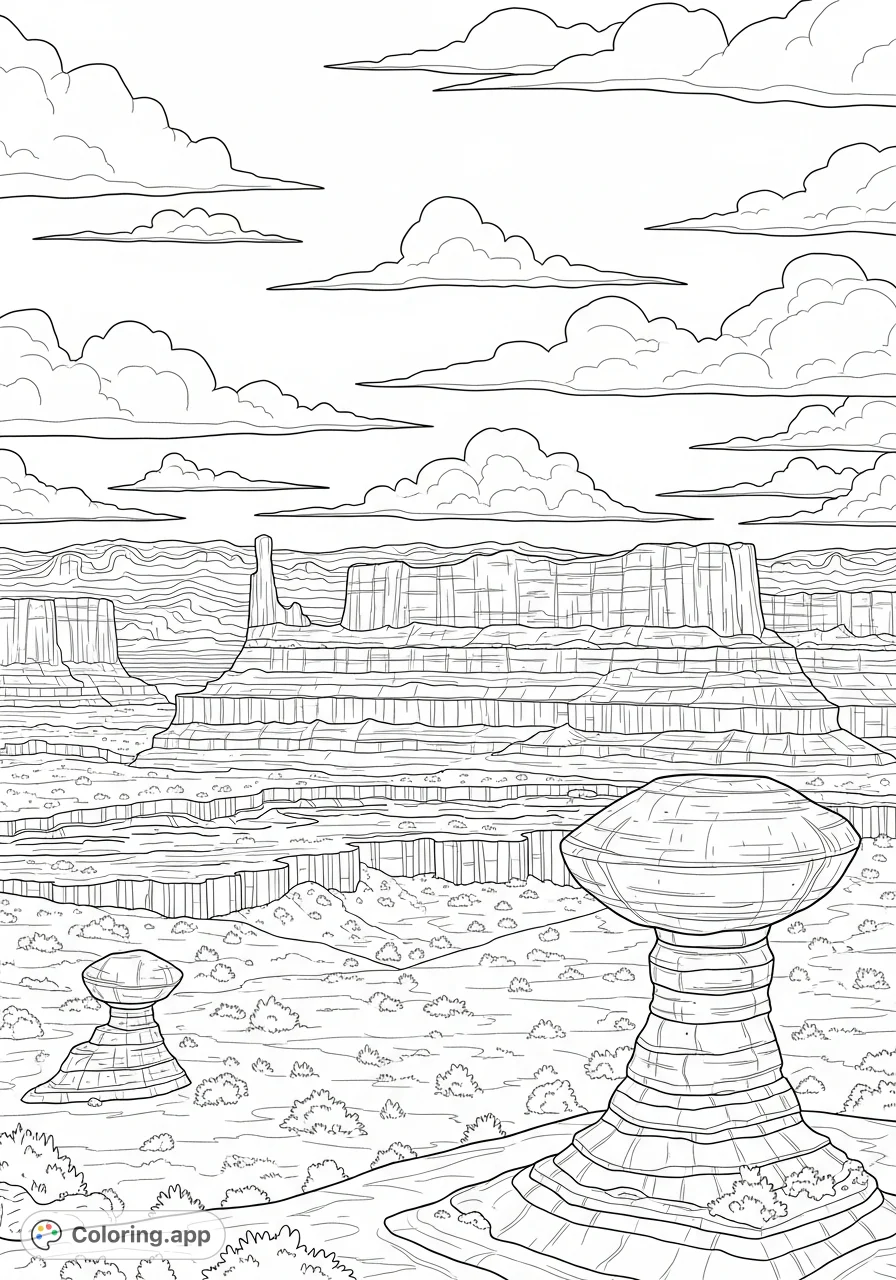 Explore a vast desert landscape with unique balanced rocks, layered formations, and sparse vegetation under a wide sky filled with diverse cloud shapes.