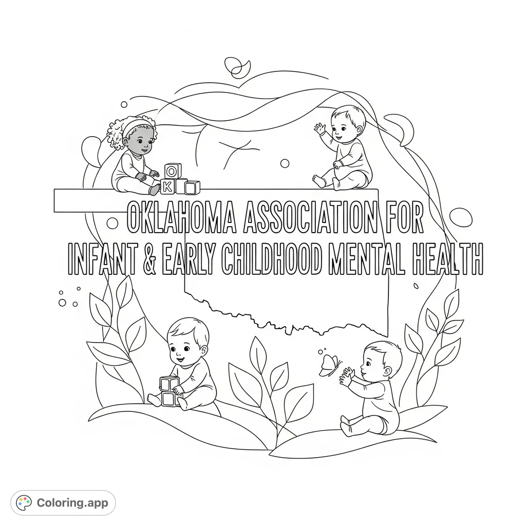 A unique coloring page featuring "Oklahoma Association for Infant & Early Childhood Mental Health" text, surrounded by nurturing imagery of children and growth.