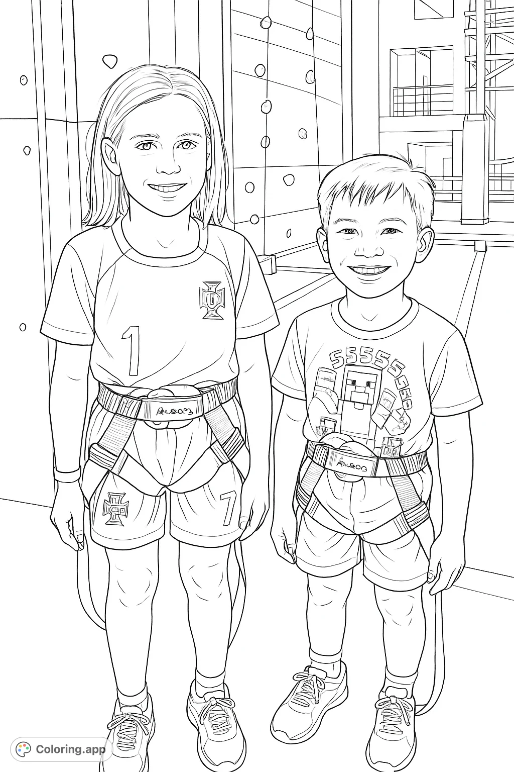Two happy children in climbing harnesses, ready for adventure at an indoor gym. This free printable climbing coloring page is a fun and simple activity for kids.