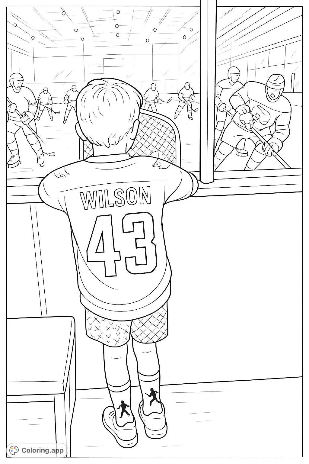 A young fan watches an exciting hockey game from behind the glass, capturing the thrill of the rink. Perfect for sports enthusiasts and aspiring athletes to color.