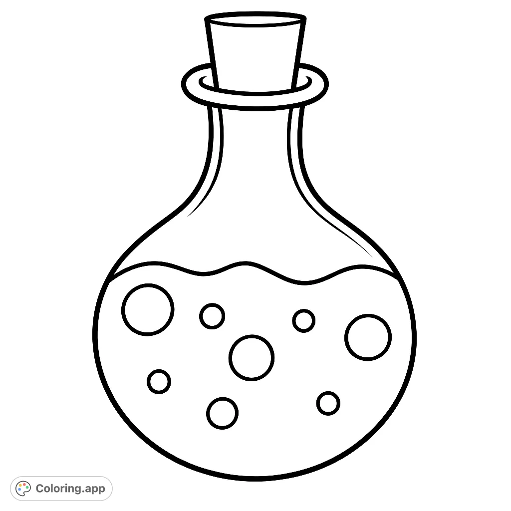 A charming, simple potion bottle flask with a cork stopper and playful bubbles inside. Perfect for a quick, fun coloring session.