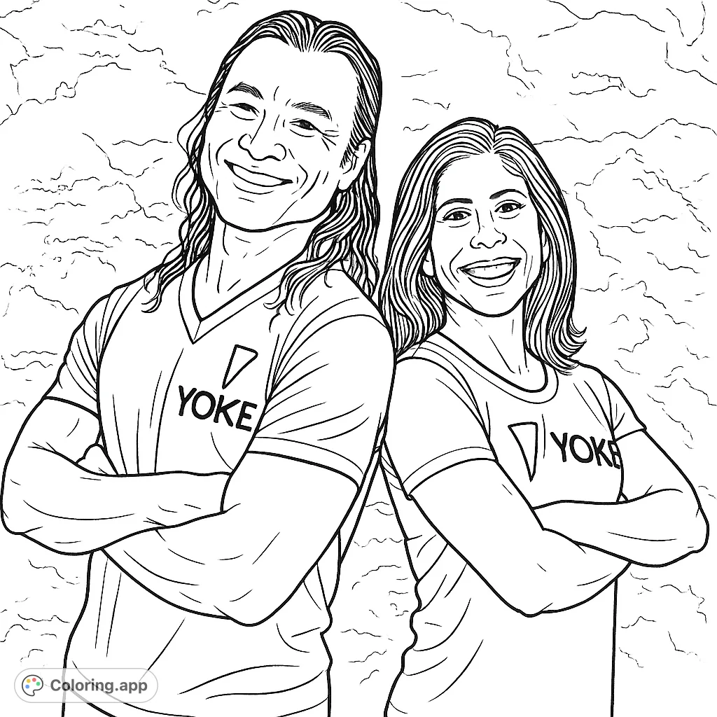 A friendly duo, a man and a woman, stand back-to-back with crossed arms and smiles, ready for a fun coloring experience. Features a unique logo.