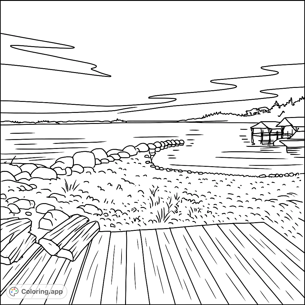 Capture the peaceful beauty of a waterside evening with a distant tree-lined horizon, rocky shore, and a boat on a dock. A serene nature coloring page.