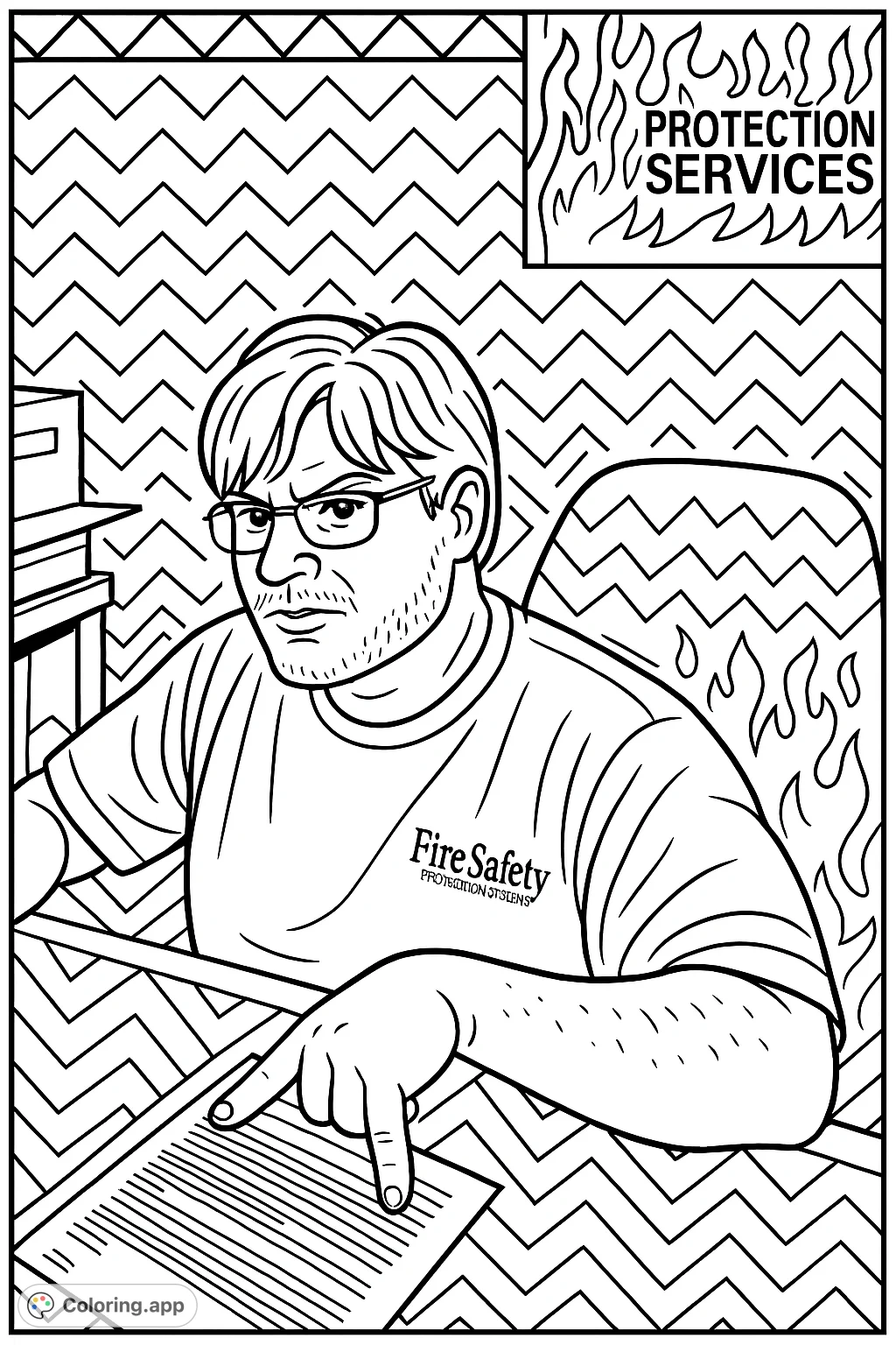 Dive into a cartoony fire protection coloring page! A friendly worker points at documents in his office, surrounded by playful flames and zigzag patterns.
