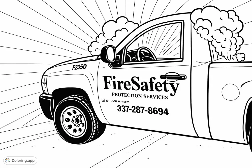 An engaging fire safety truck coloring page, featuring a robust utility vehicle with text details and a dynamic background, perfect for young aspiring heroes.
