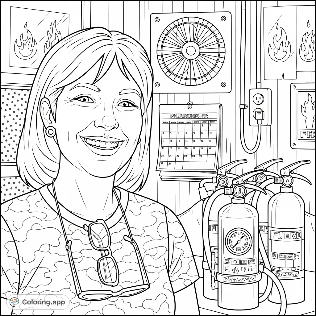 A detailed portrait of a smiling woman in a camouflage shirt, with a backdrop of utilitarian objects like fire extinguishers, a fan, and a calendar. Perfect for detail lovers!