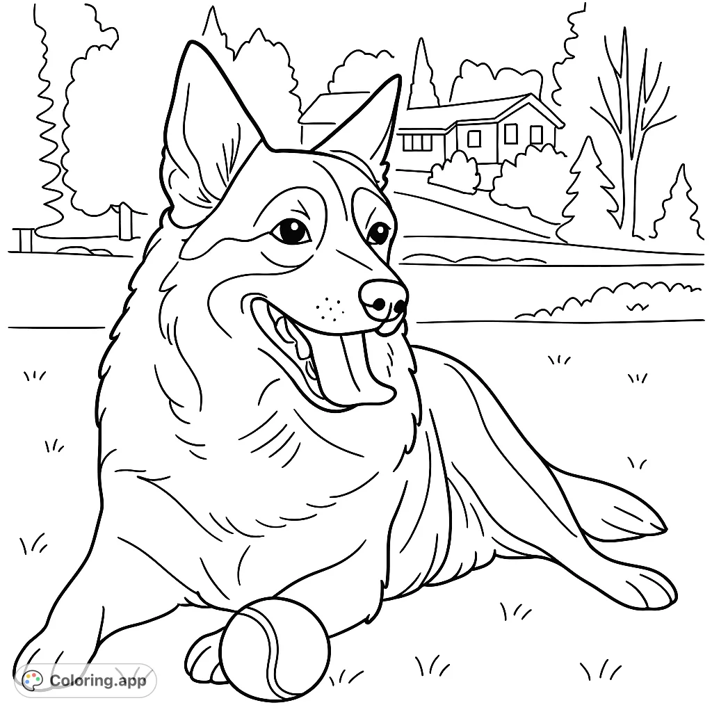 A cheerful dog rests on the grass with its tennis ball, set against a serene backdrop of water, trees, and a distant house. Perfect for animal lovers!
