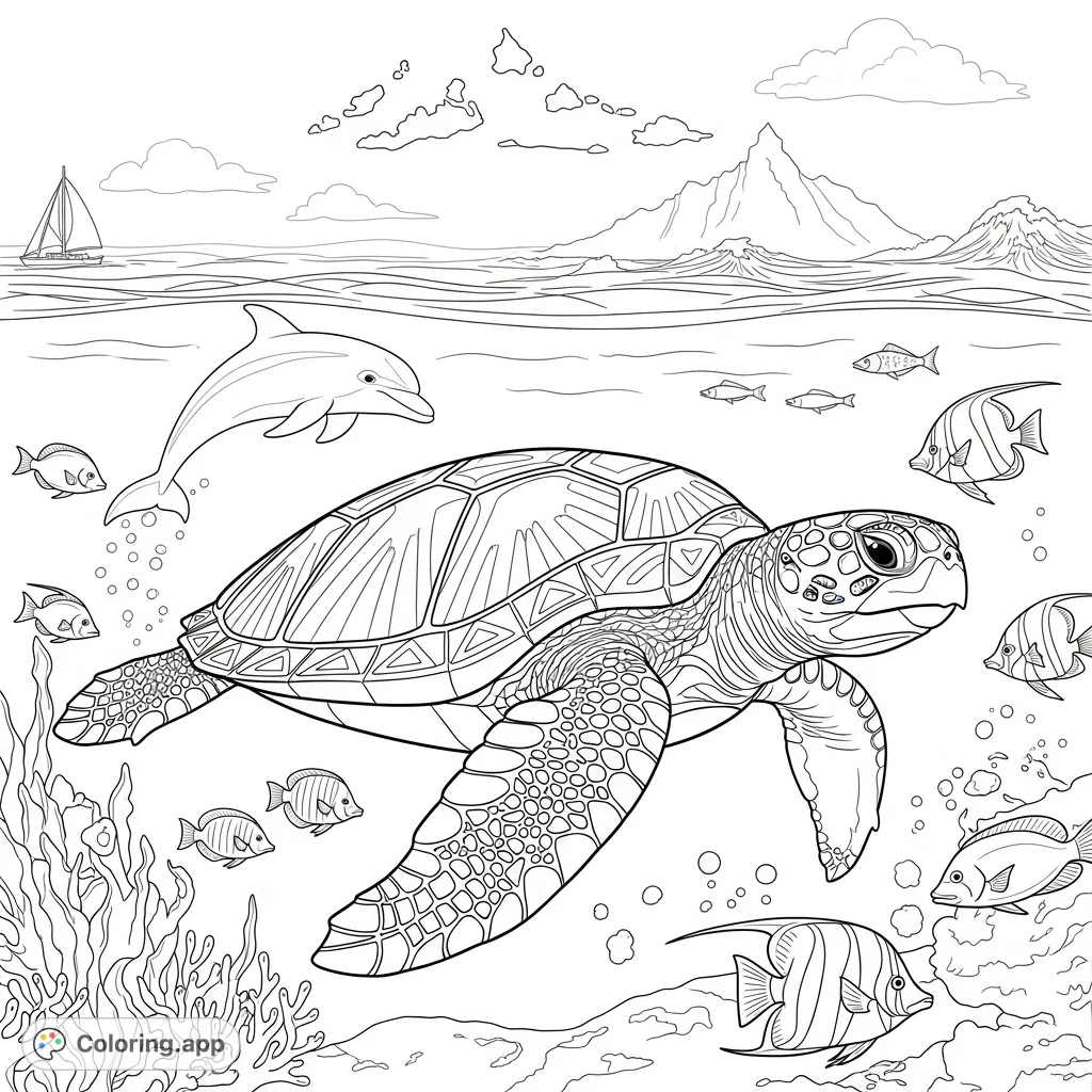 A majestic sea turtle with intricate geometric shell patterns glides through ocean waters, surrounded by fish and a leaping dolphin, with Bora Bora in the distance.