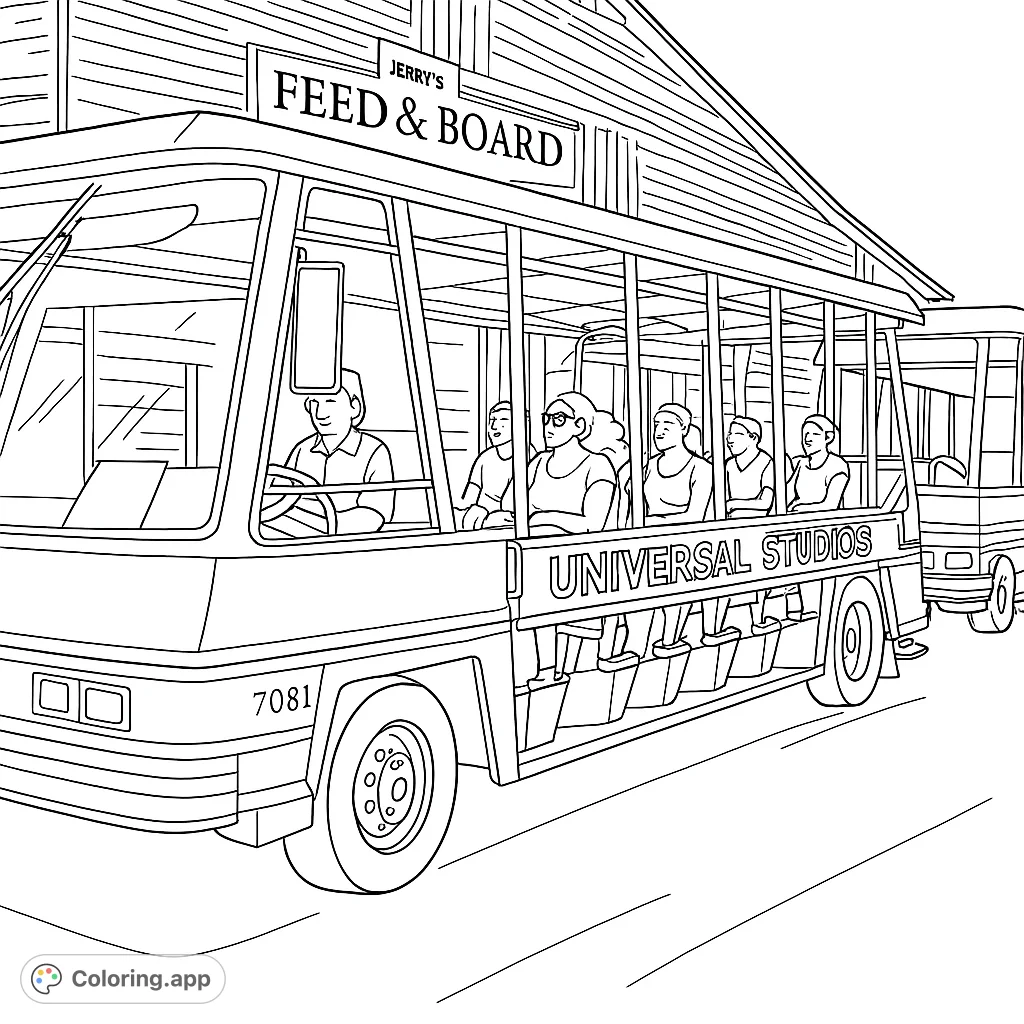 Embark on a creative journey with this Universal Studios tour tram coloring page, featuring passengers and a rustic building backdrop.