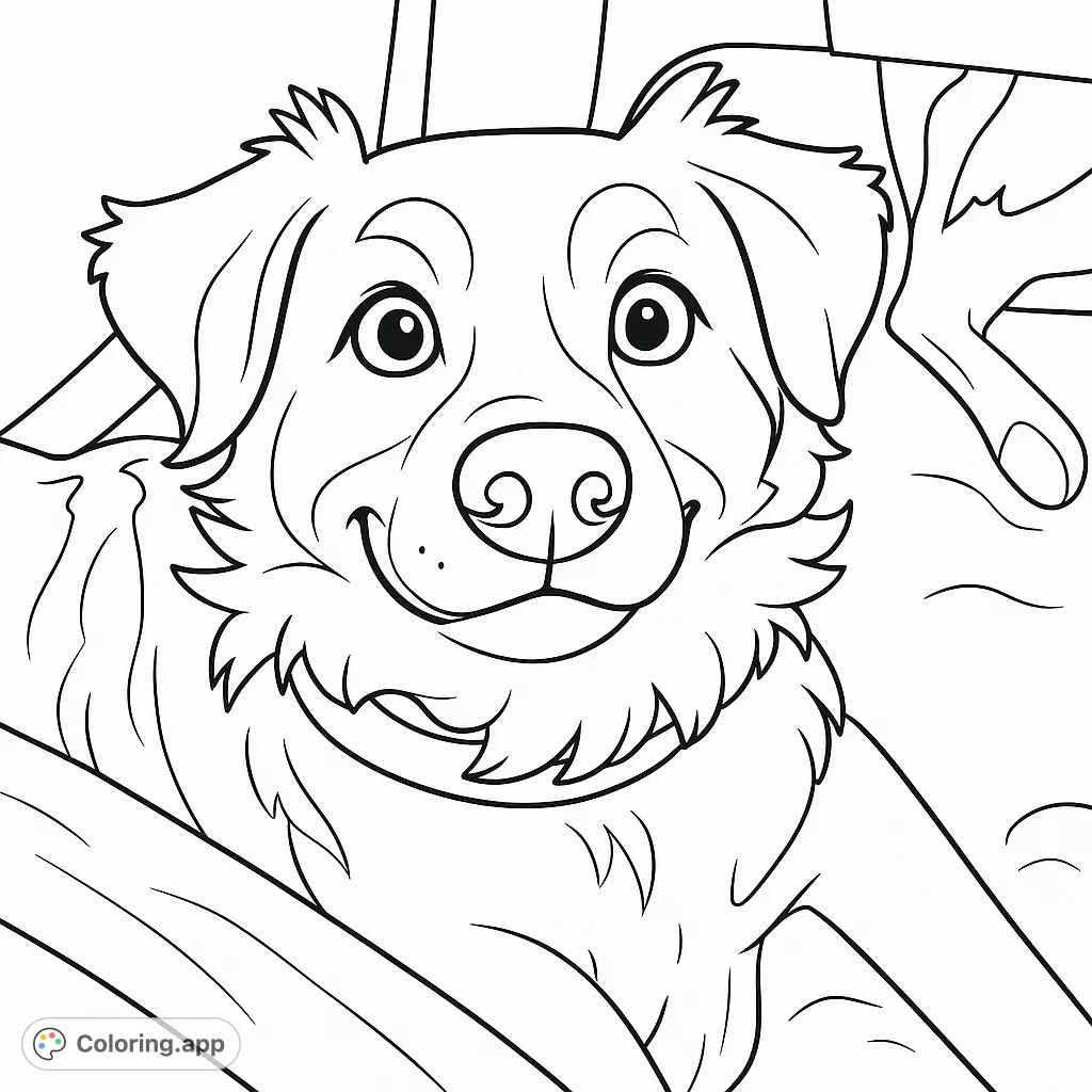 A charming coloring page featuring a happy dog with a friendly smile and fluffy fur, perfect for animal lovers of all ages. This adorable canine portrait offers a delightful coloring experience.