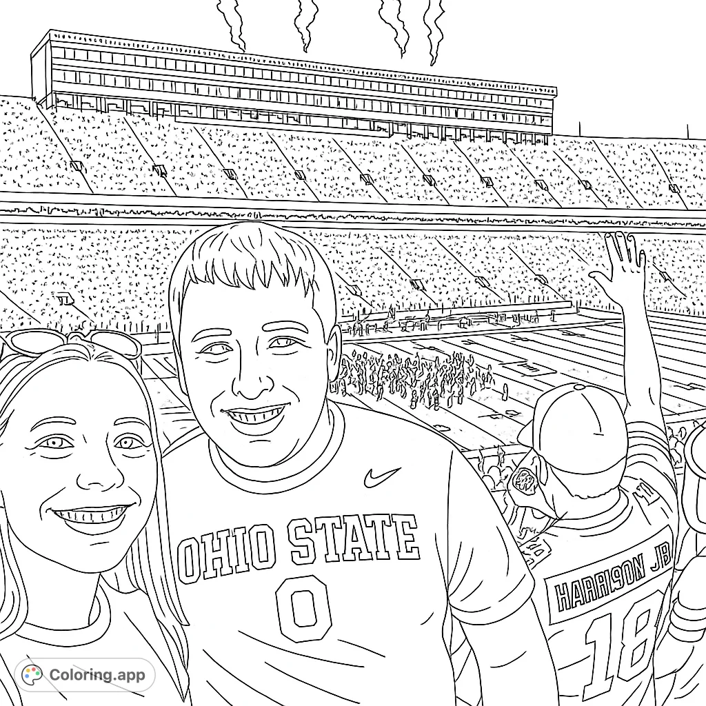 A cheerful couple captures a selfie at a bustling stadium, surrounded by a massive crowd and a lively football game.