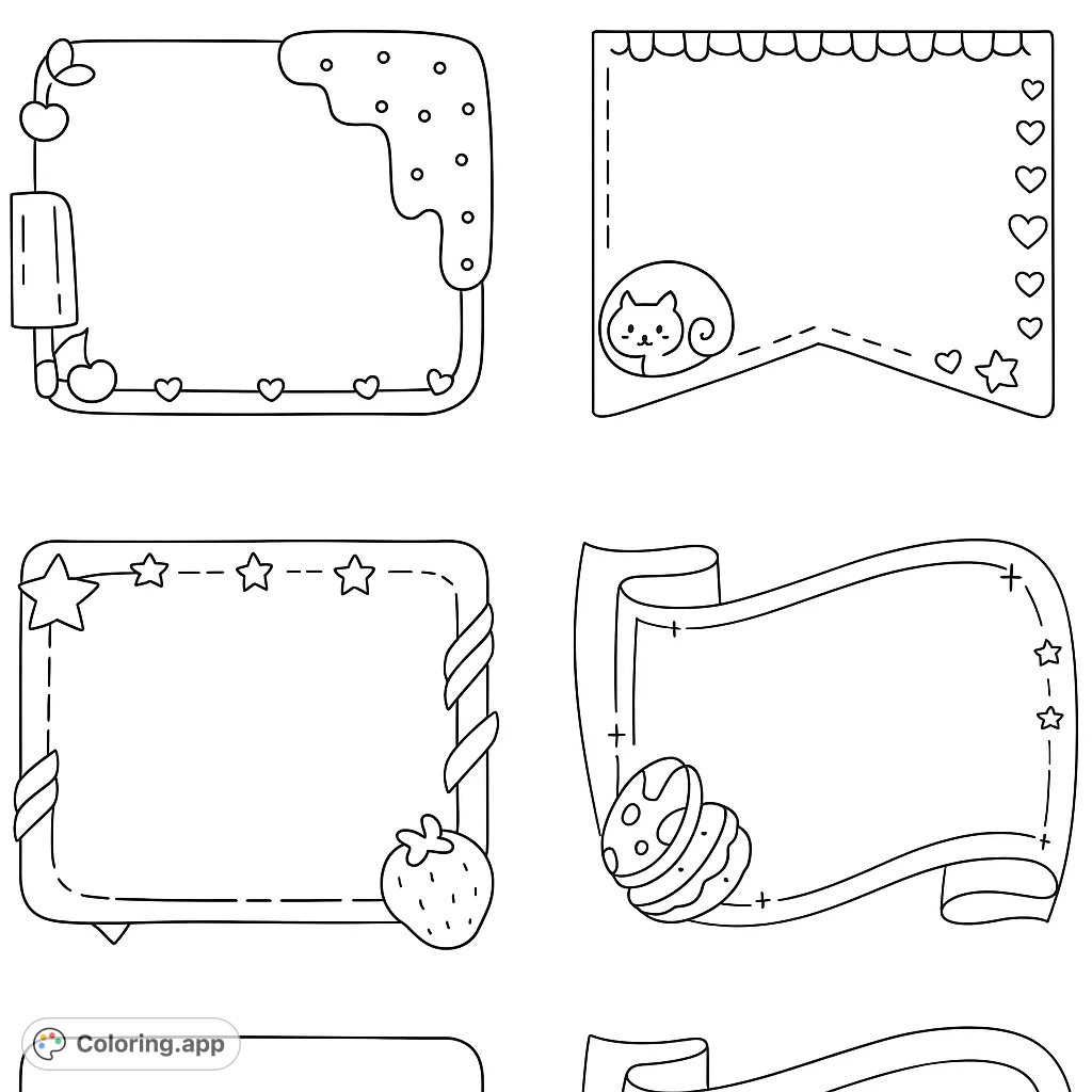 Explore four adorable frames featuring sweet treats, a sleeping cat, and charming decorations. Perfect for personalizing notes, journals, or creative projects.