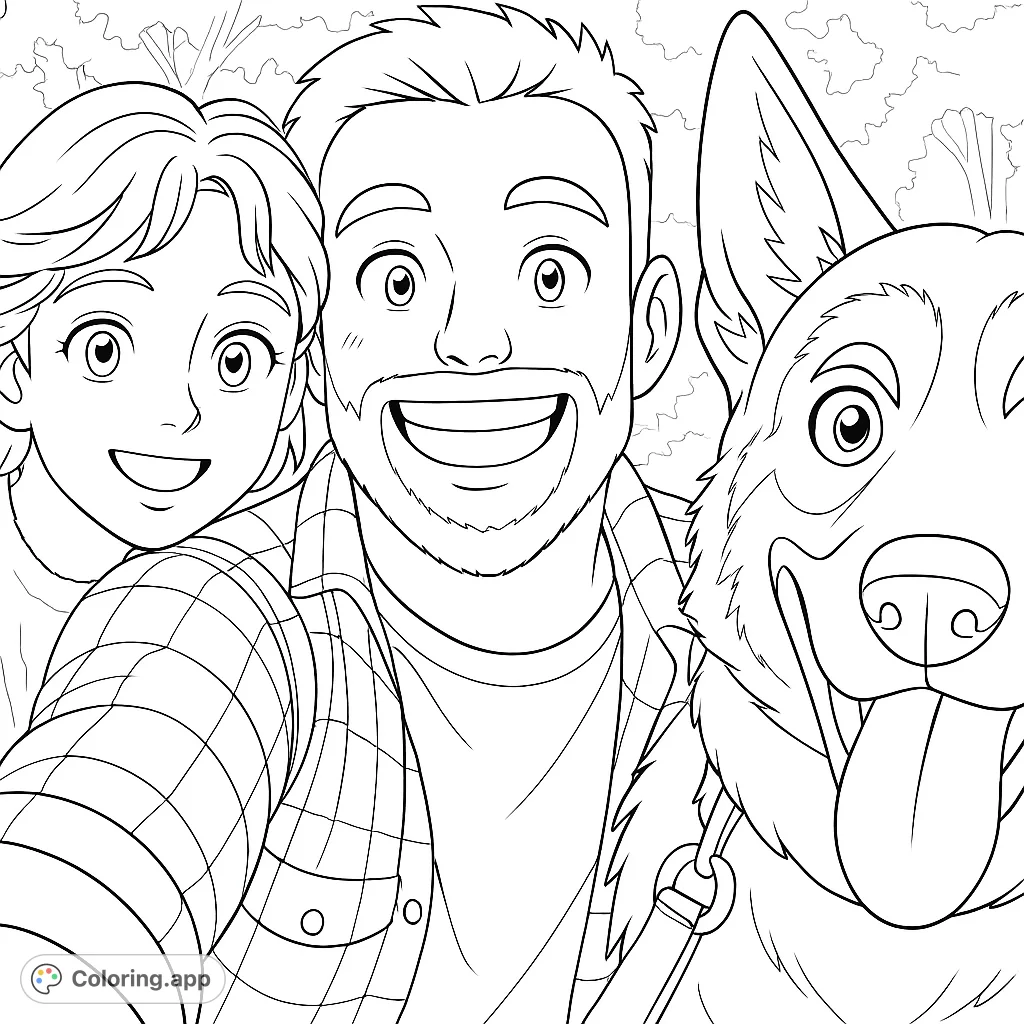 Capture the joy of friendship and companionship with this delightful coloring page featuring a smiling couple and their loyal German Shepherd dog in a natural setting.