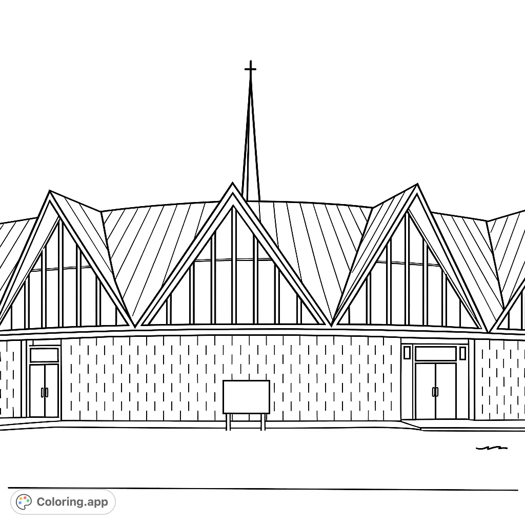 Color a striking modern church with a unique triangular roof, central spire, and textured brick walls. A captivating architectural design.