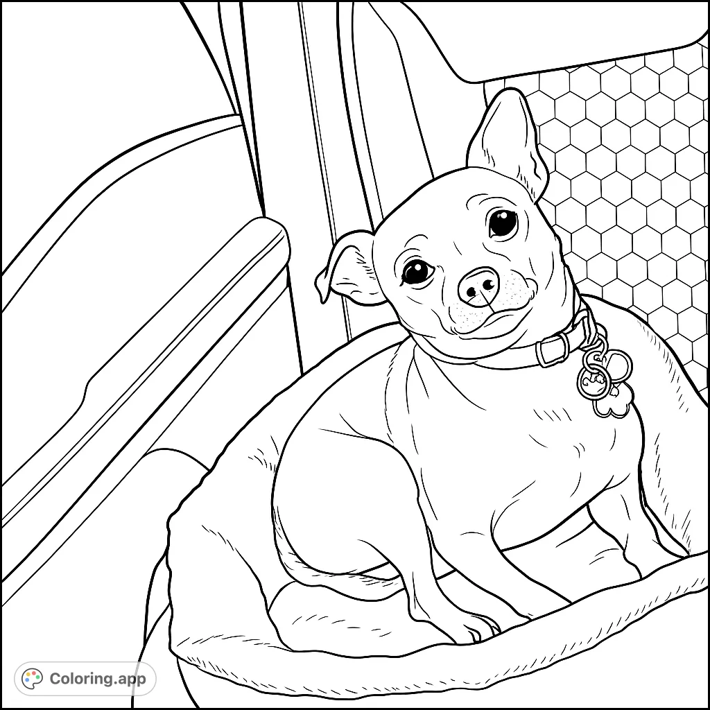 A charming small dog sits in its cozy car bed, head tilted with a curious expression, ready for an adventure. Perfect for dog lovers!