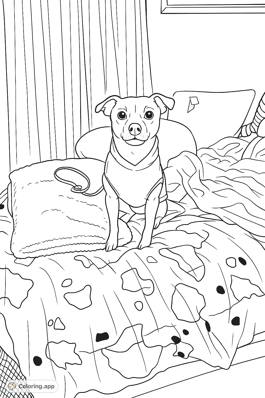 A charming coloring page featuring a small dog in a cozy sweater, standing on a bed with a distinctive patterned blanket. Perfect for pet lovers!