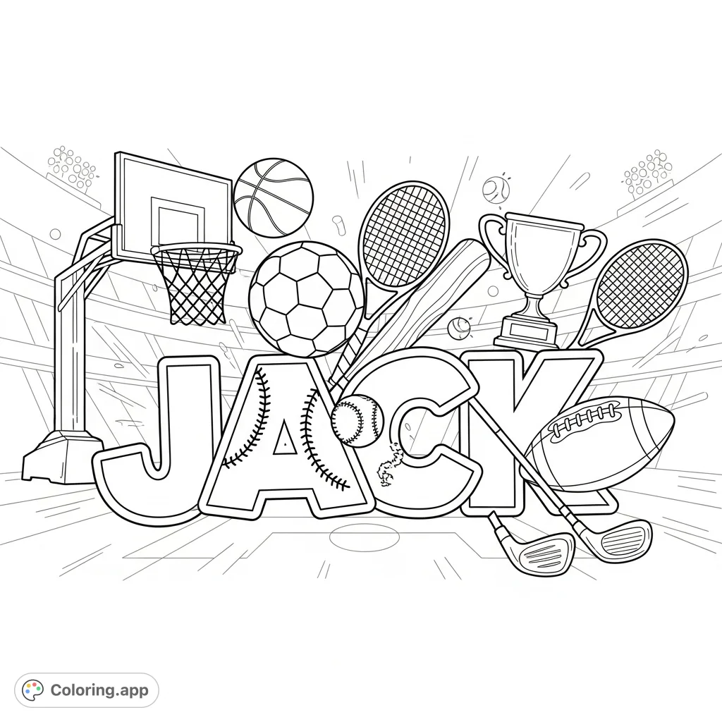 A dynamic sports-themed coloring page featuring the name Jack, surrounded by various athletic equipment and action elements. Perfect for young sports enthusiasts.