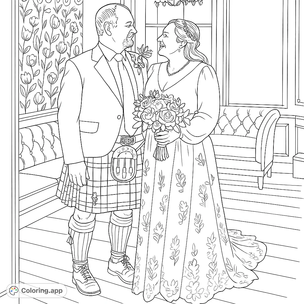 Celebrate love with this wedding couple coloring page. Features a man in a kilt and a woman in an embroidered gown, holding a bouquet, in a charming room.