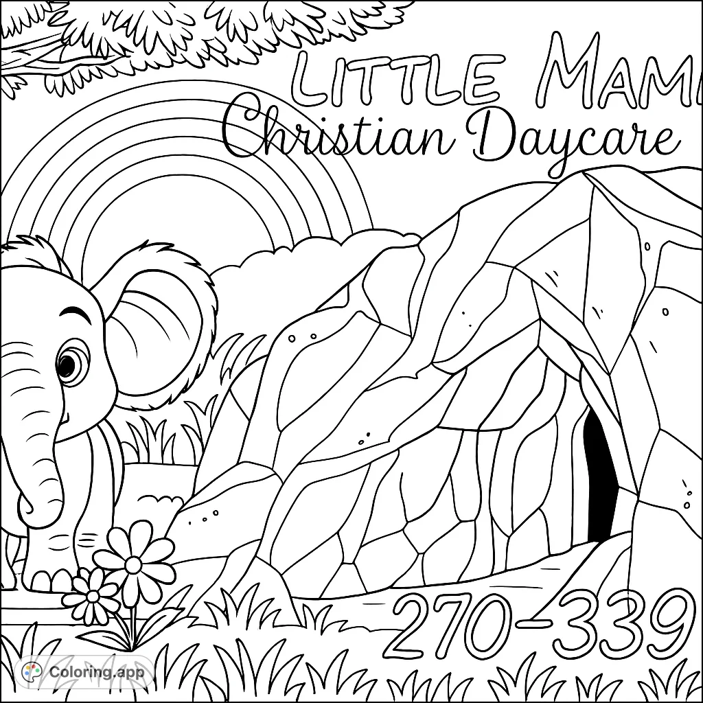 A charming coloring page featuring a friendly elephant exploring a rocky cave in a lush landscape, complete with a sky arc and blooming flowers.