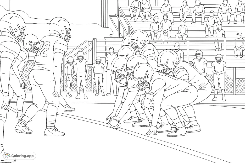 Dynamic football game scene with players in action on the field, ready for the snap. Perfect for sports fans to color and enjoy the excitement.