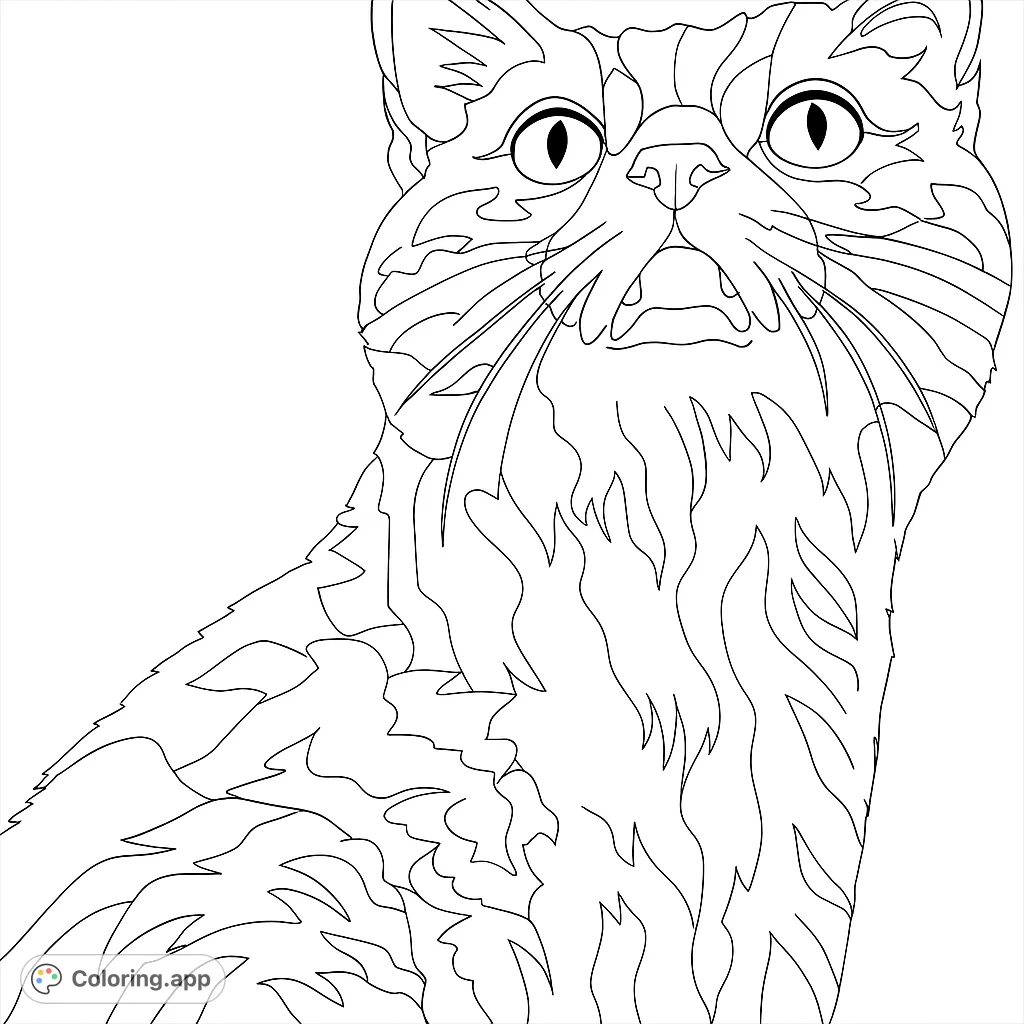 An expressive cat with wide eyes and an open mouth, looking upwards. A detailed feline portrait perfect for animal lovers to color.