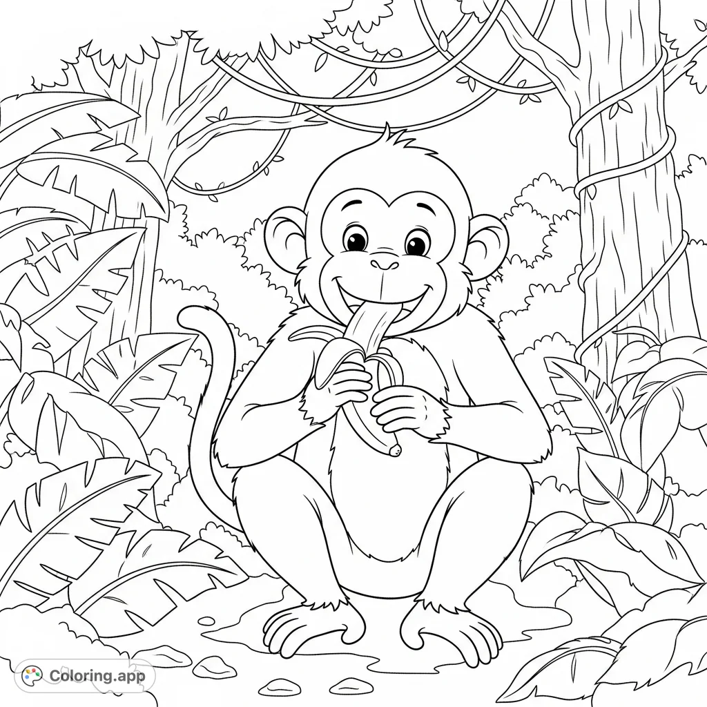 A delightful jungle monkey coloring page featuring a happy monkey enjoying a banana amidst lush foliage. Perfect for animal lovers of all ages!