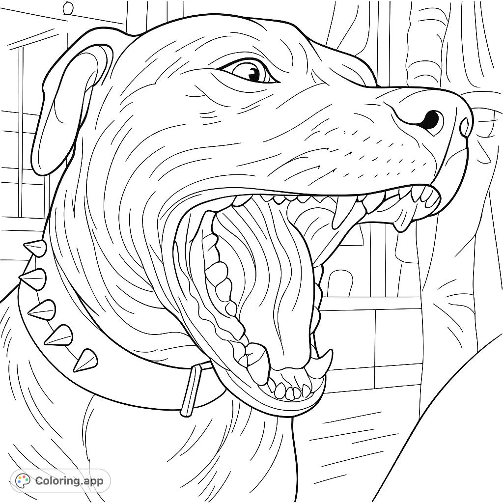 A captivating coloring page featuring a powerful dog with its mouth wide open, showcasing detailed teeth and a spiked collar. Perfect for animal lovers!