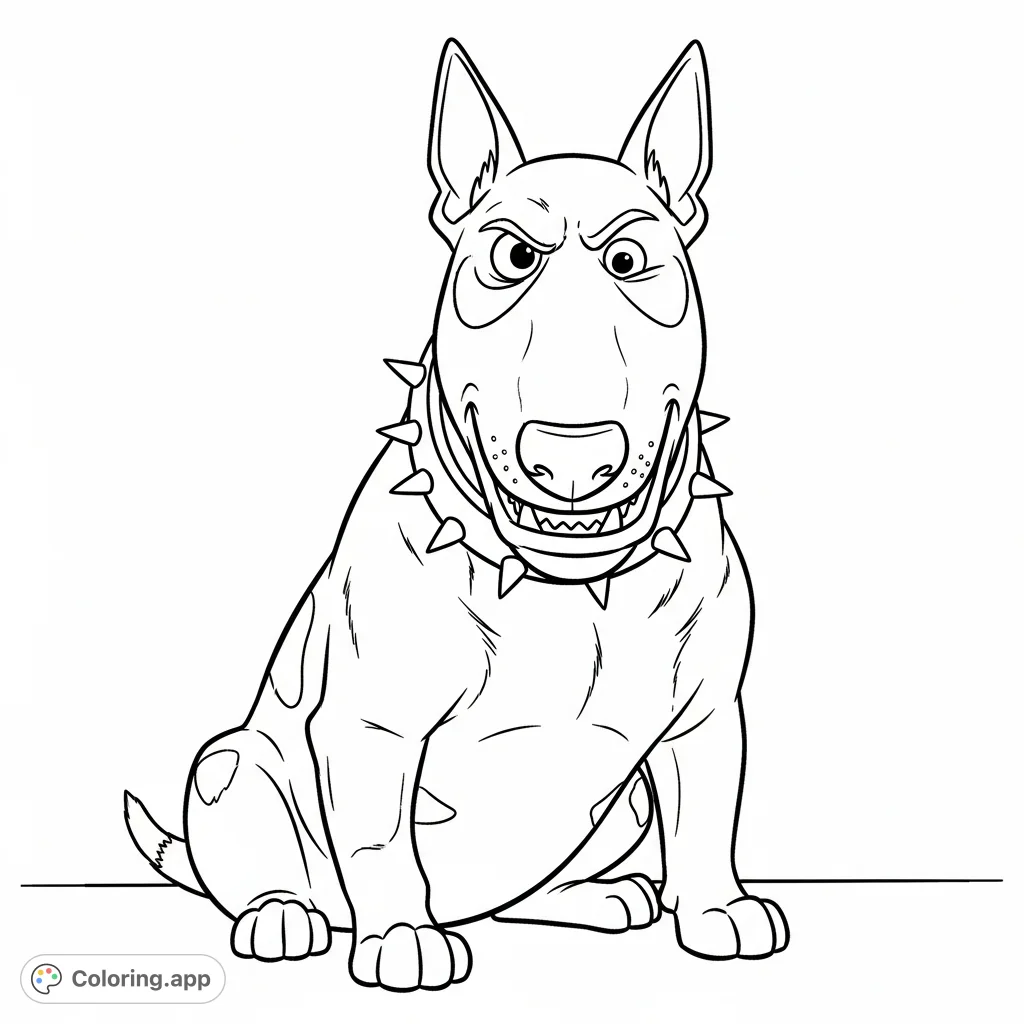Color Scud, the menacing English bull terrier from Toy Story, with his spiked collar and growling expression. A fun, free printable coloring page!