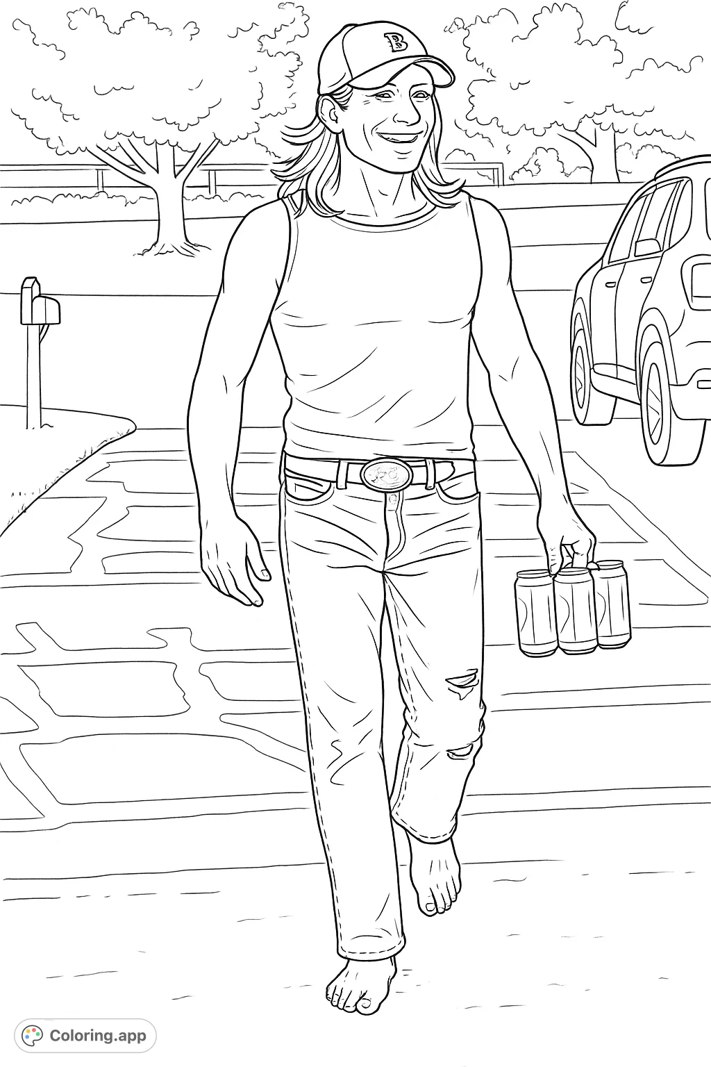 A smiling man with long hair, wearing a cap and ripped jeans, walks barefoot on a driveway, carrying a six-pack. A casual, laid-back scene.
