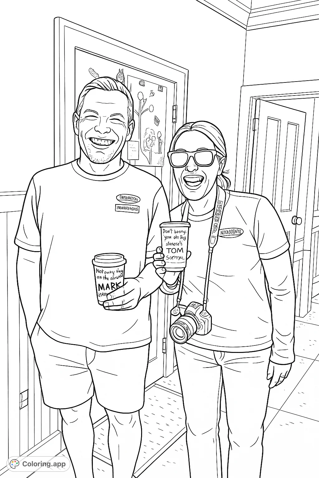 Capture a joyful moment with friends, holding personalized coffee cups and a camera, ready for adventure. A fun, free printable coloring page for all ages.