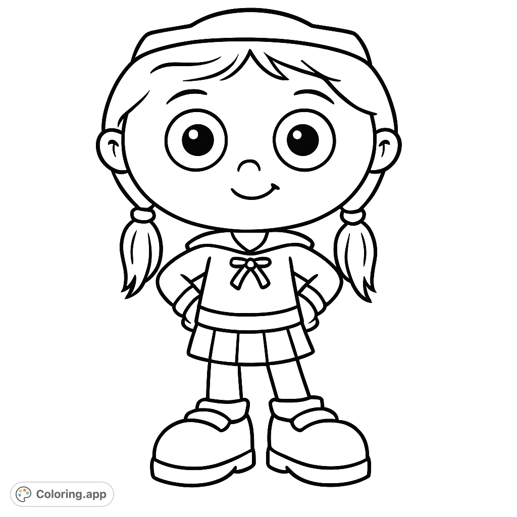 A delightful cartoon girl with pigtails and a friendly smile, ready for a burst of imagination. Perfect for young artists to bring to life with their favorite colors.