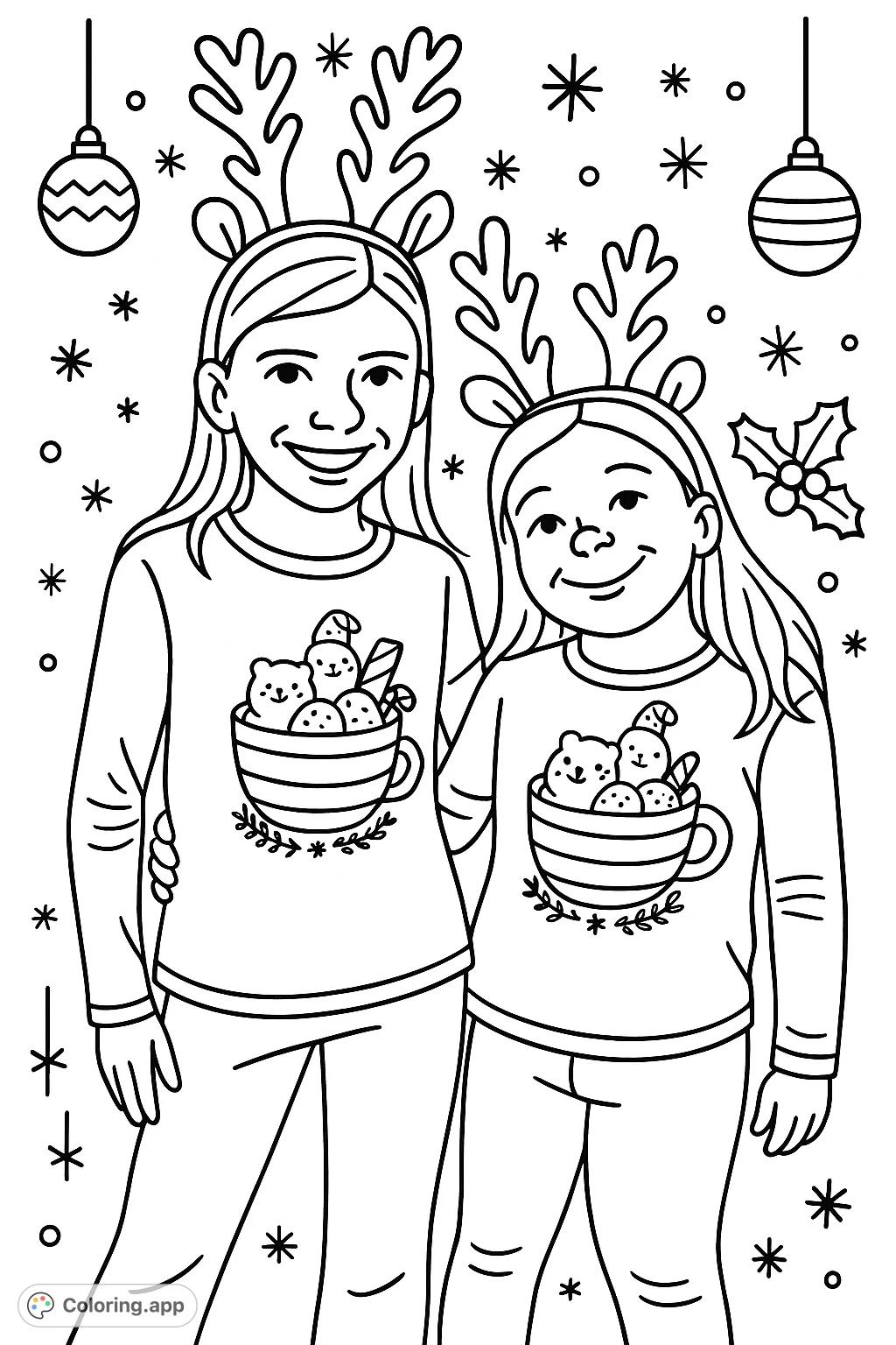 Two cheerful girls in reindeer antlers and hot cocoa shirts, celebrating the season. A simple, cartoony design with bold outlines, perfect for holiday coloring fun.