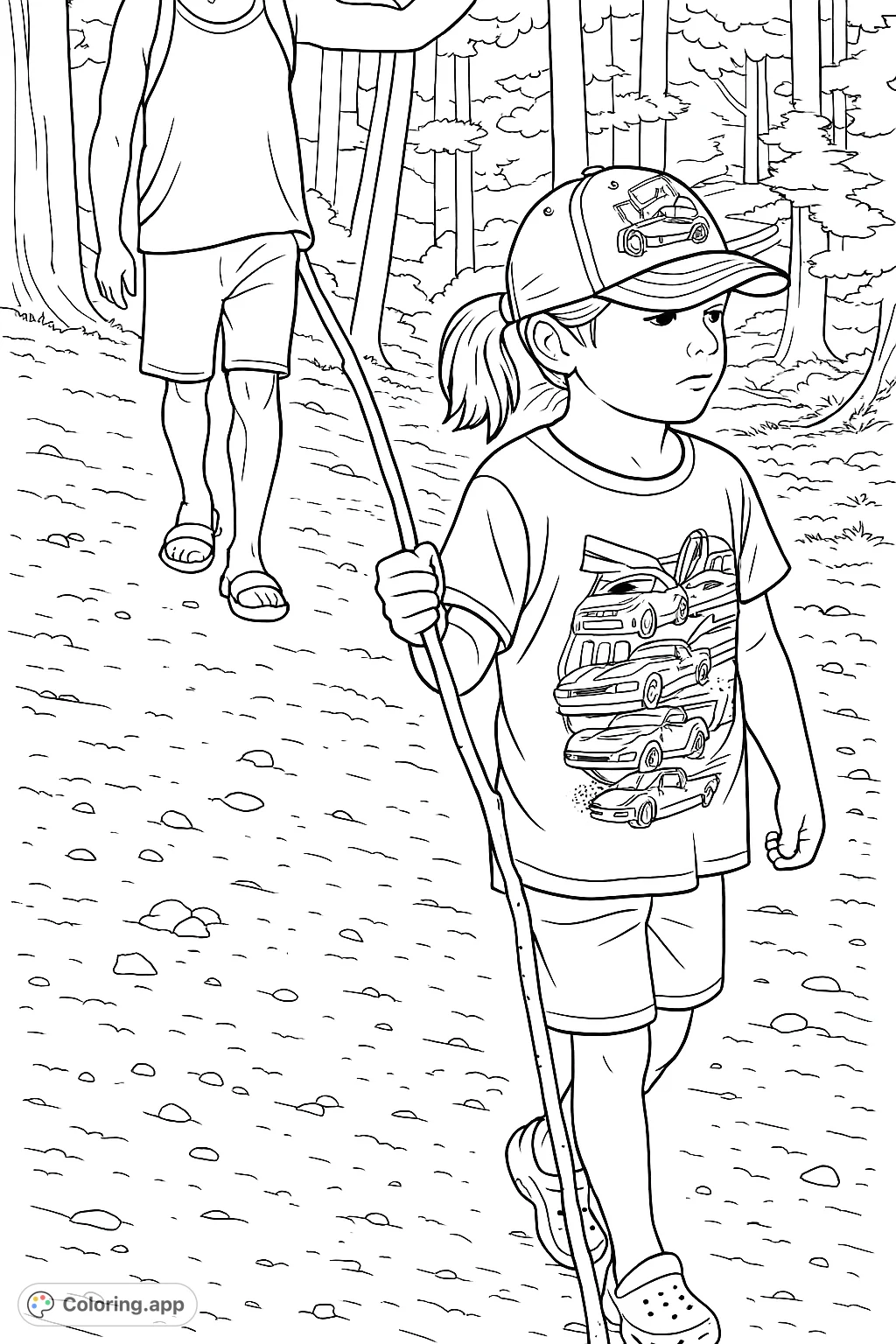 Join a child and adult on a forest path adventure, exploring nature with a walking stick. Perfect for nature lovers and young explorers.