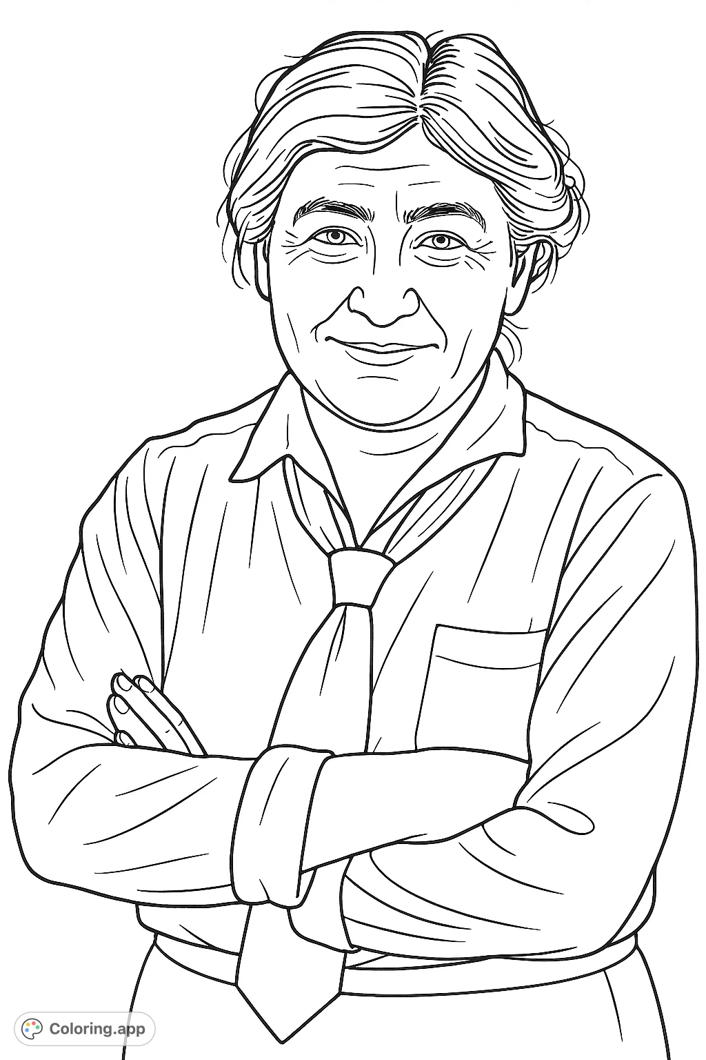 A striking portrait of a woman with a tie and crossed arms, exuding confidence and warmth. Perfect for thoughtful coloring.