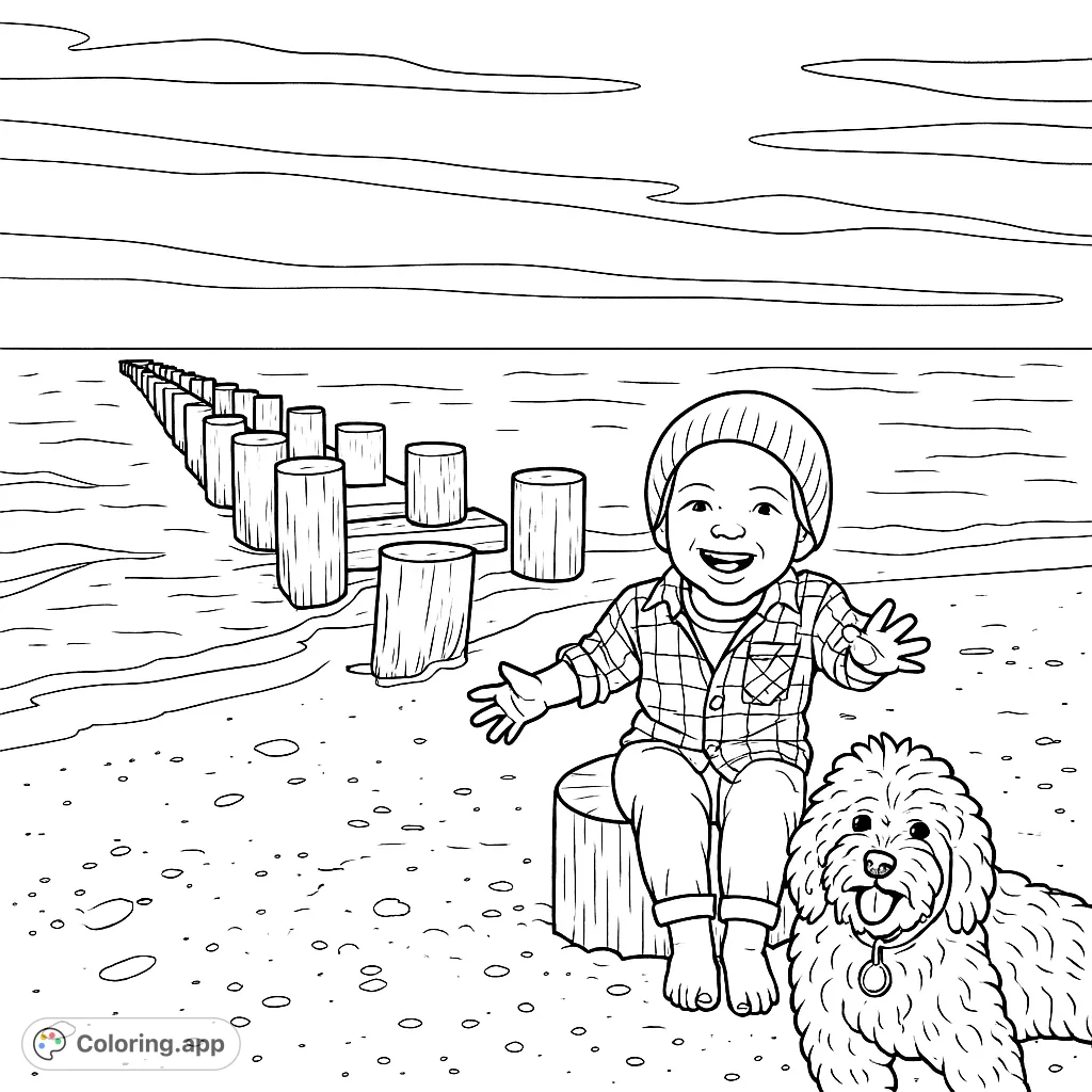 A heartwarming beach scene featuring a smiling child and their fluffy dog, with a long pier stretching into the ocean. Perfect for a relaxing coloring experience.