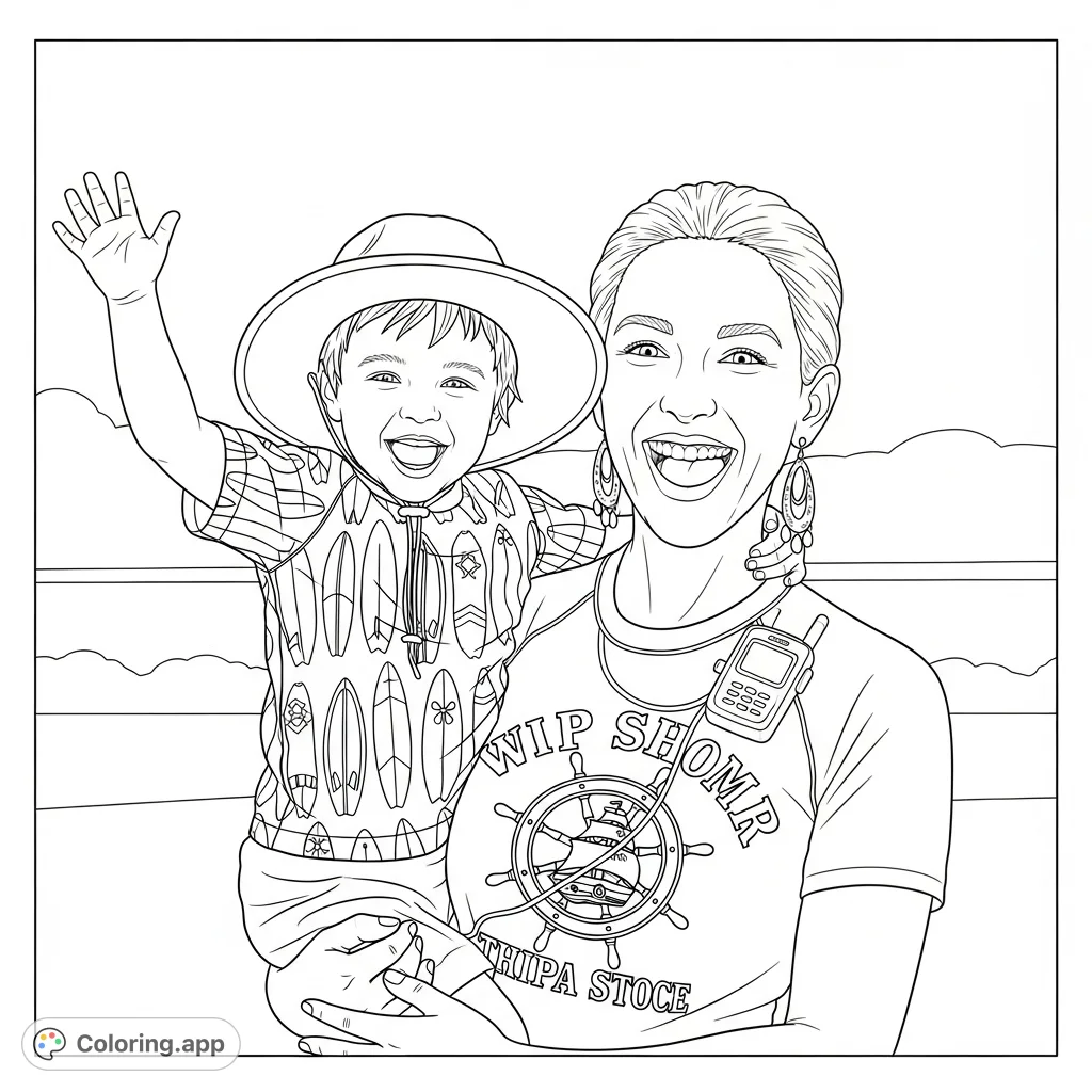 Capture a heartwarming moment of a mother embracing her child, featuring playful nautical and surf-themed clothing details against a simple background.