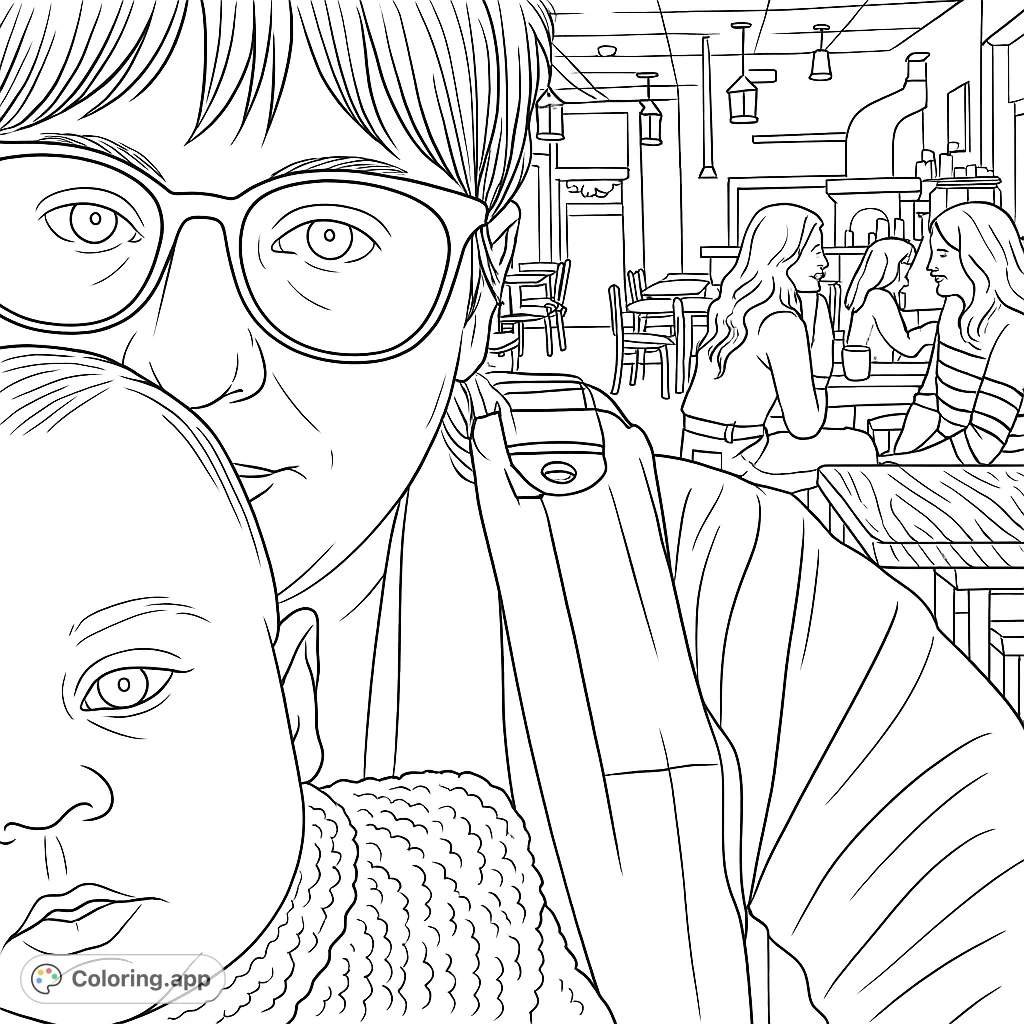 A heartwarming scene of a parent and baby sharing a moment in a lively cafe, surrounded by subtle details and a cozy atmosphere, perfect for coloring.