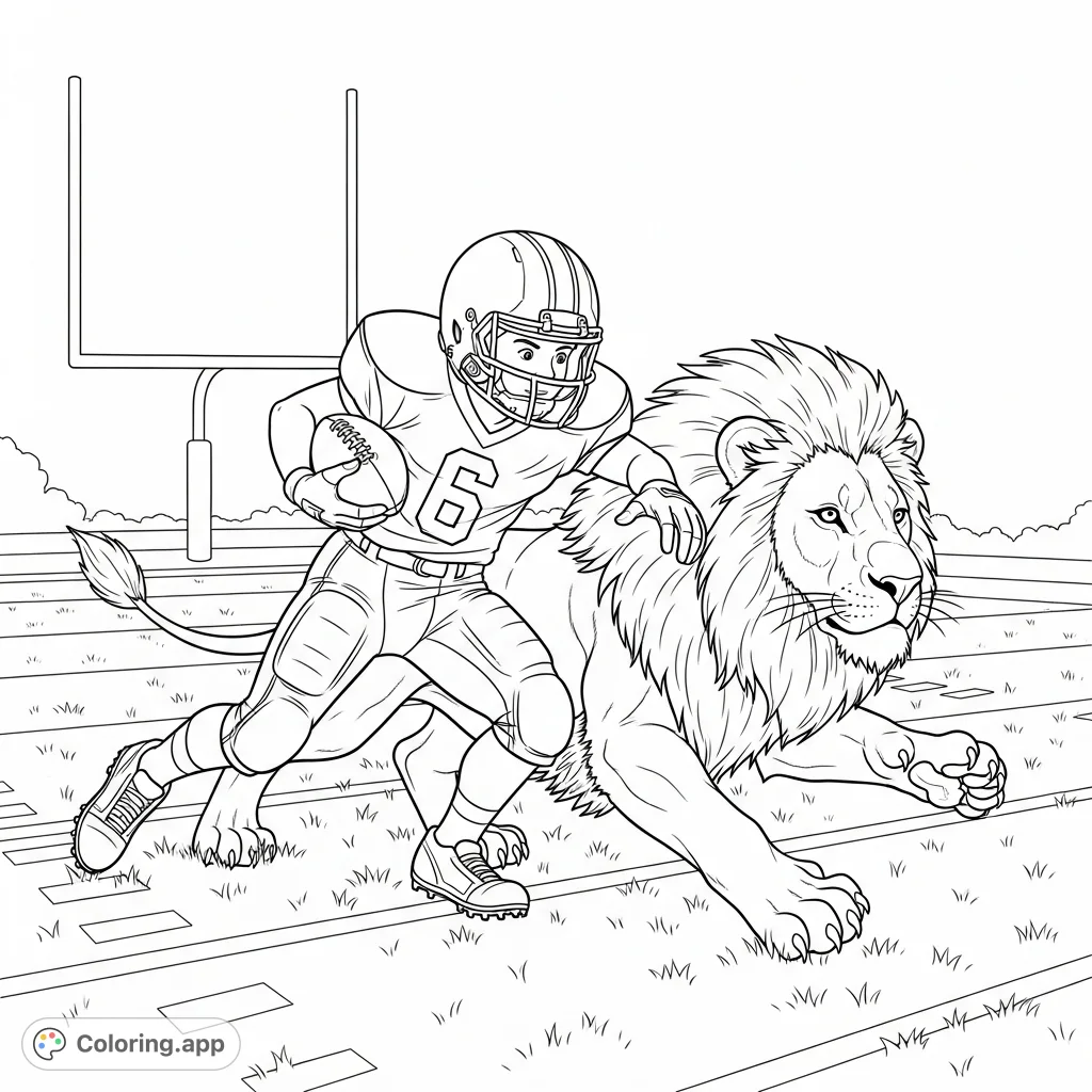 A thrilling youth football coloring page featuring player number 6 tackling a powerful lion on the field, football in hand. A dynamic scene for sports and animal lovers!
