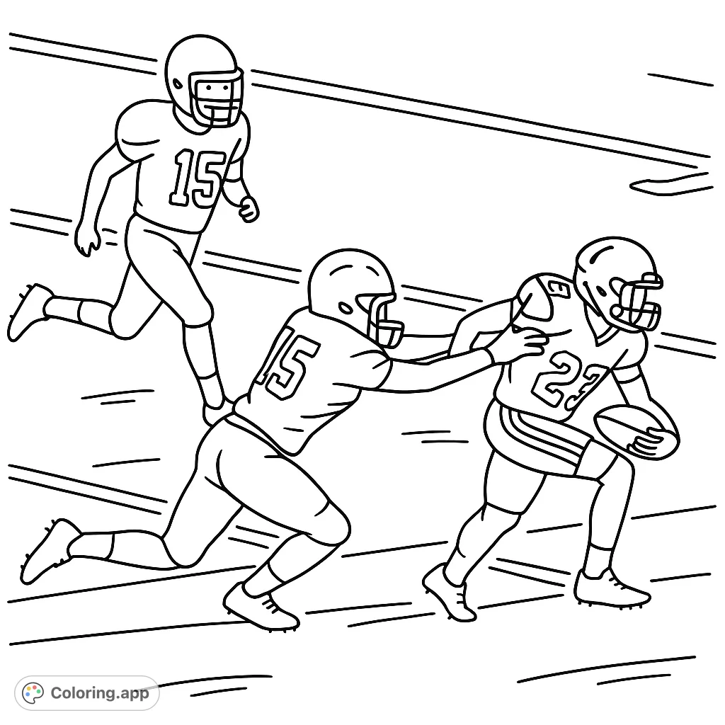 Dynamic football scene featuring players in action, a tackle in progress, and a runner on the field. Perfect for sports enthusiasts!