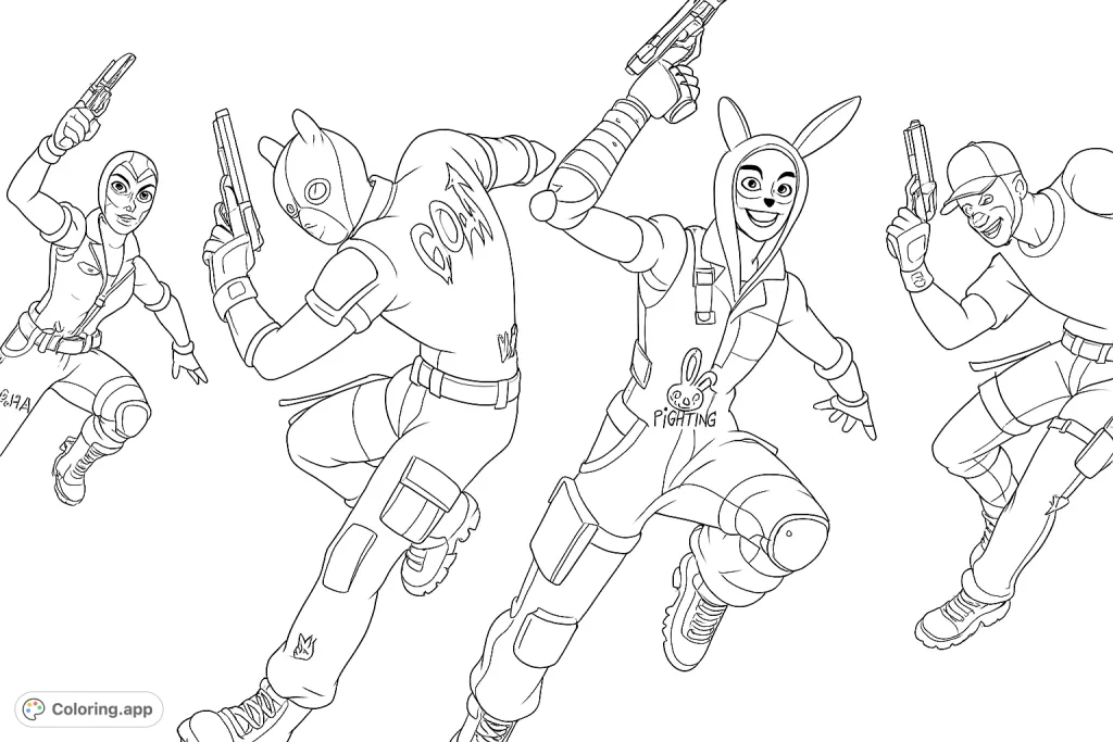 Dive into the action with this dynamic squad featuring four unique characters in battle-ready poses, armed and detailed. A thrilling gaming-inspired scene awaits your creative touch.