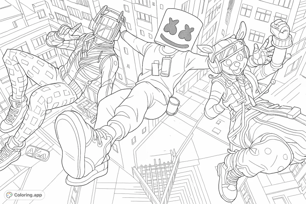 Dynamic coloring page featuring three unique characters in a futuristic urban concert setting, perfect for fans of music and pop culture.